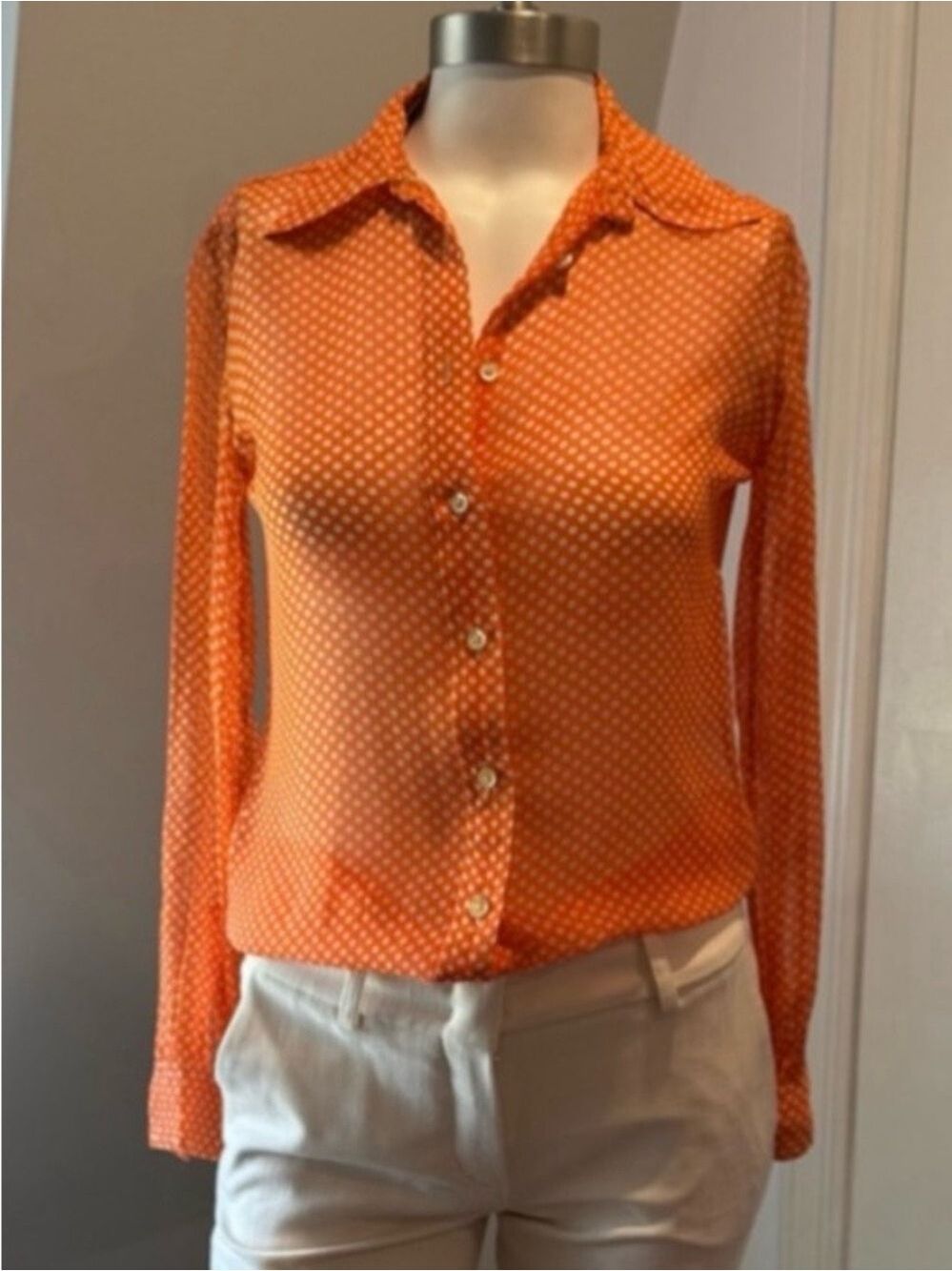 Vintage Unbranded Orange White Polka Dot Button Down Sheer Shirt Size 8‎